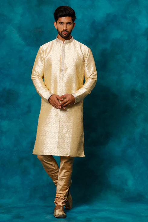 VASTRAMAY Men's Beige jacquard Kurta With Pant Set